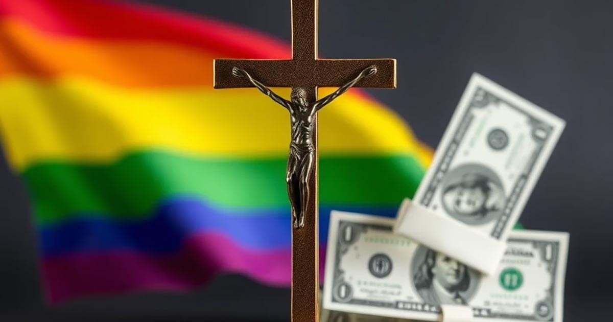 An image depicting the LGBTQ rainbow flag, a Christian cross, and dollar bills to illustrate the increase in spending of the Christian right in Africa