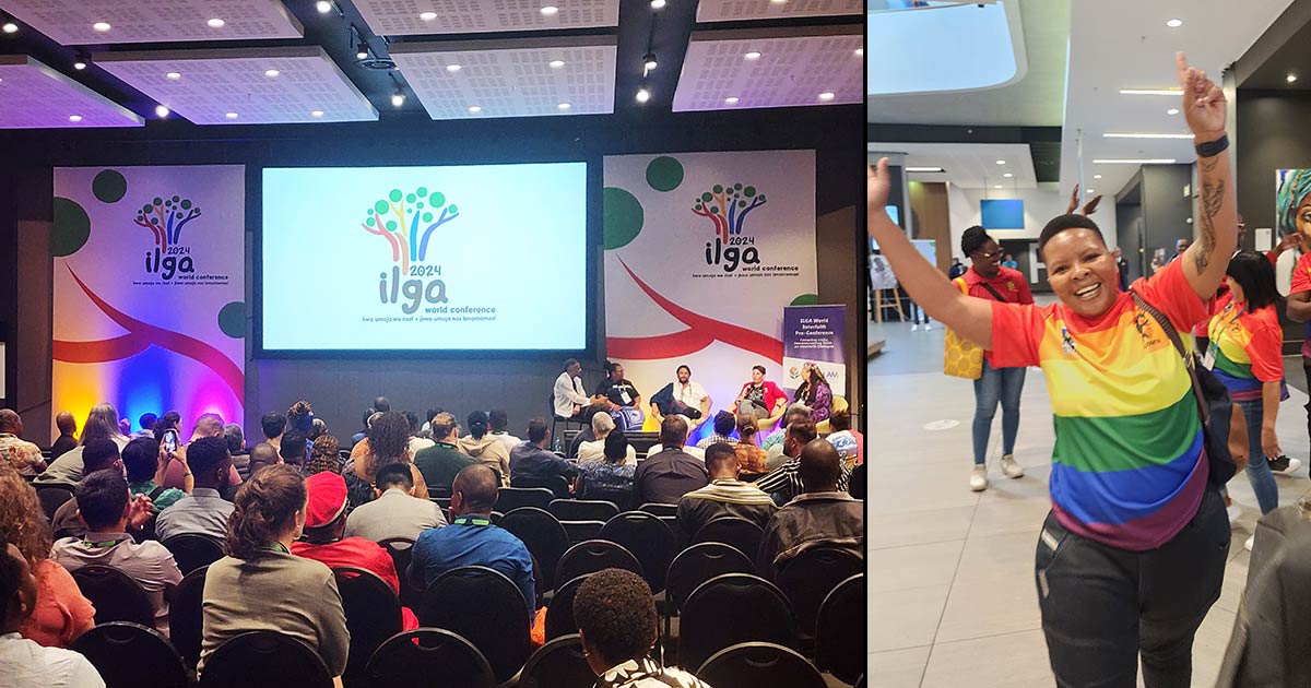 A photo of an ILGA World Conference session alongside a photo of an animated South African delegate raising their hands in excitement