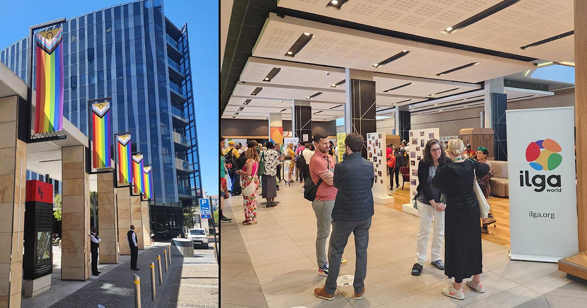 A photo of rainbow flags outside the ILGA World Conference venue and another photo of delegates milling around the venue interior